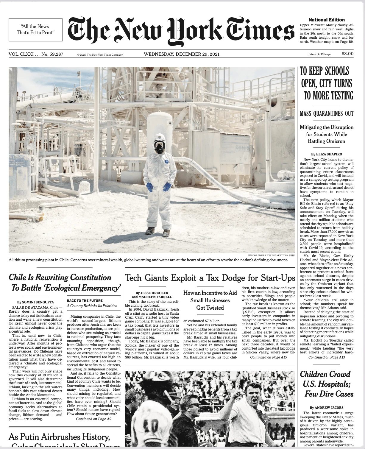 Portada de The New York Times, 29 de diciembre de 2021, con fotografía de Marcos Zegers.